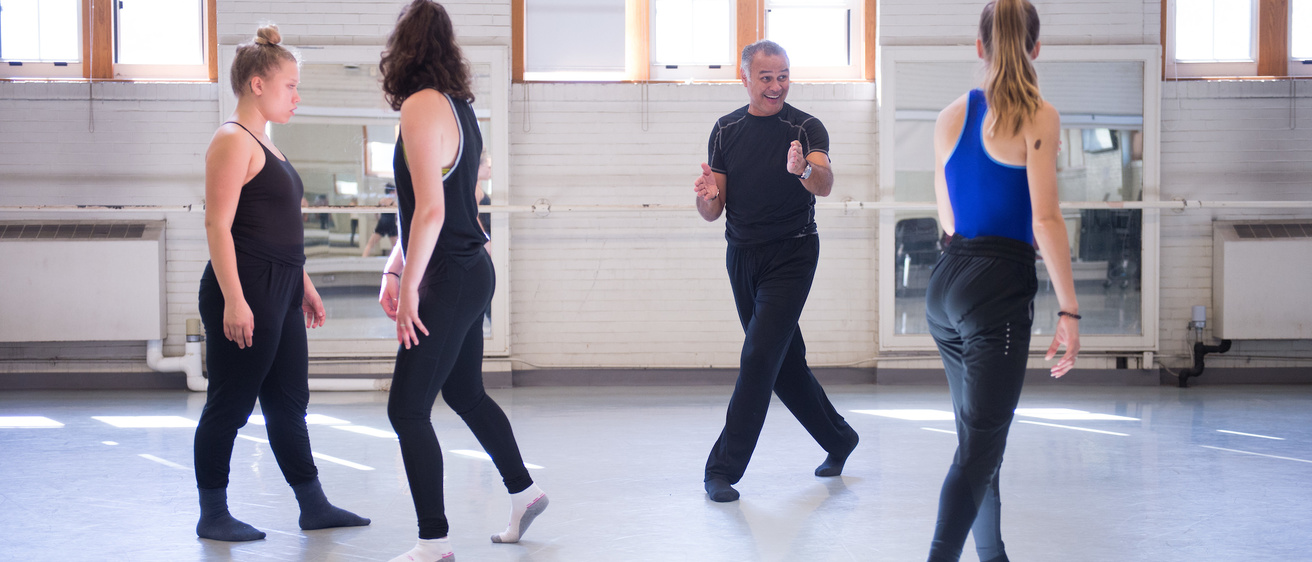 professor armando duarte teaching a first-year dance class in Halsey Hall