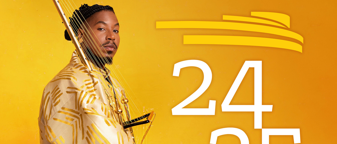 Performing Arts at Iowa 2024-2025 season with Chief Xian aTunde Adjuah on a gold background