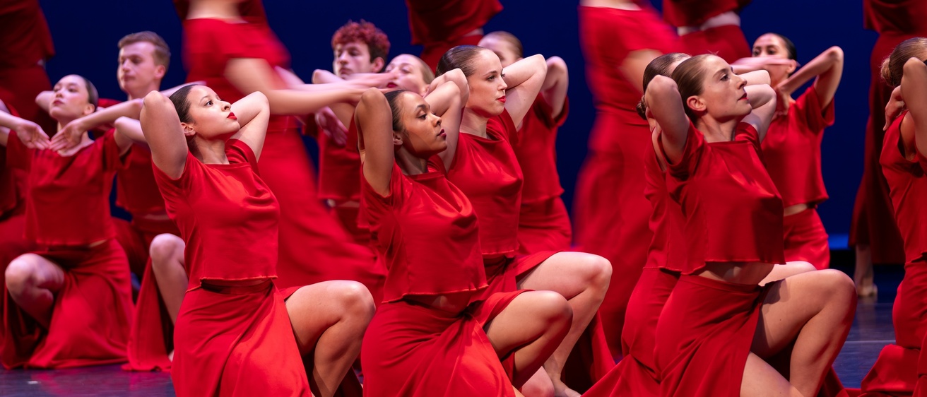 UI Dance students performing in Martha Graham's "Panorama" on the Hancher Stage in 2024