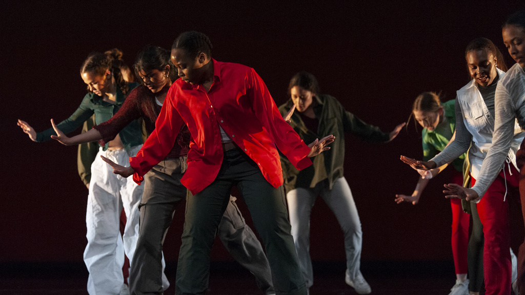 a group of BFA dancers performing a student-choreographed piece during their 2023 program concert in Space Place Theatre