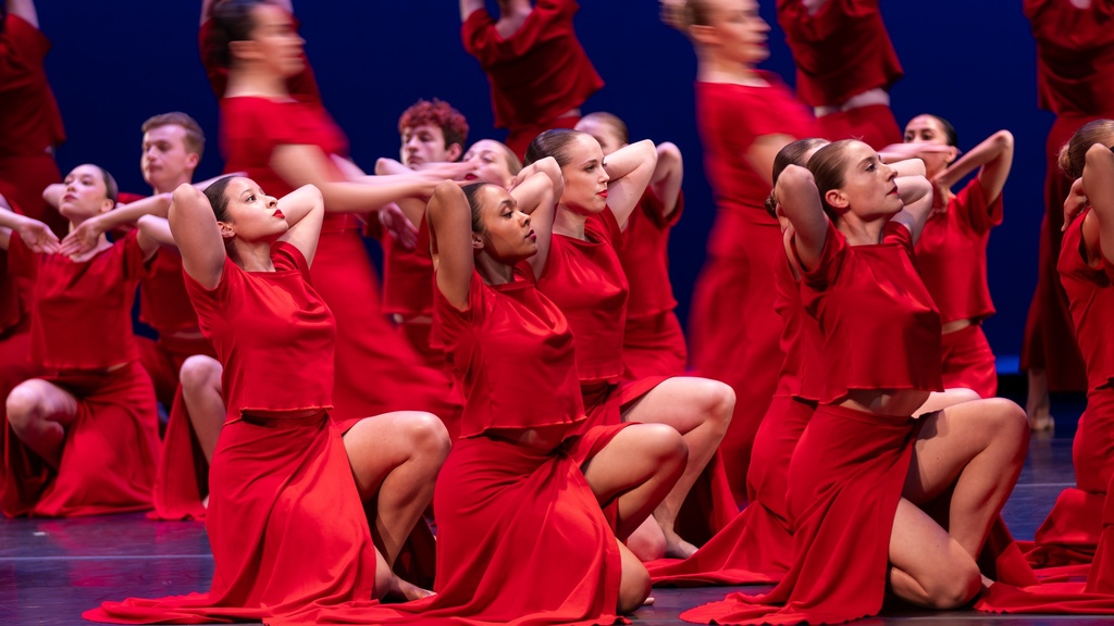 UI Dance students performing in Martha Graham's "Panorama" on the Hancher Stage in 2024