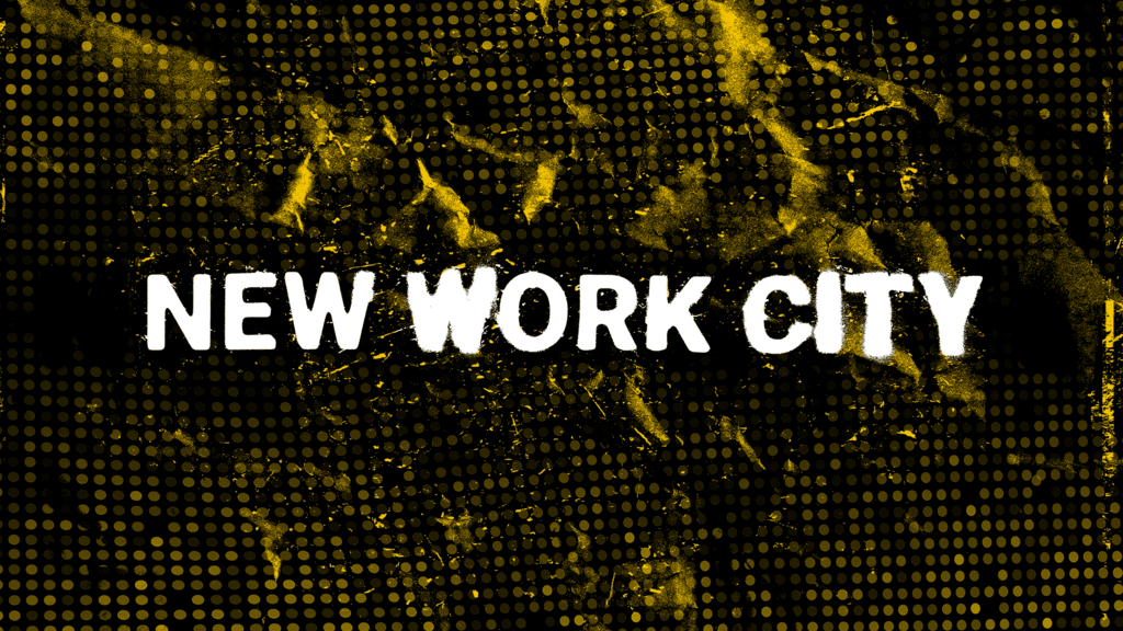 New Work City in white text on a grungy looking black and gold background