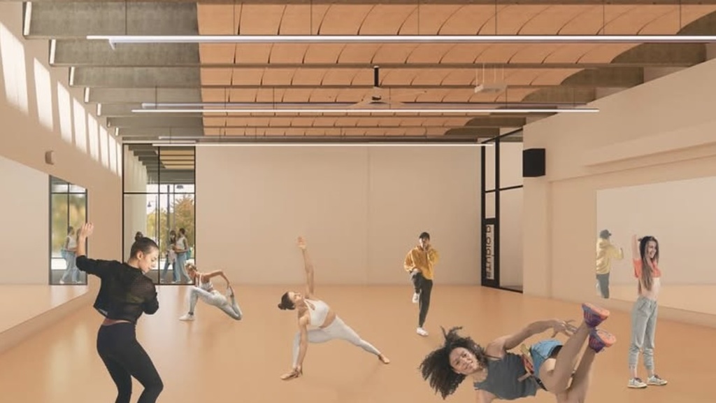 artists rendering of the interior of the new PAX building, which will become home for the Department of Dance