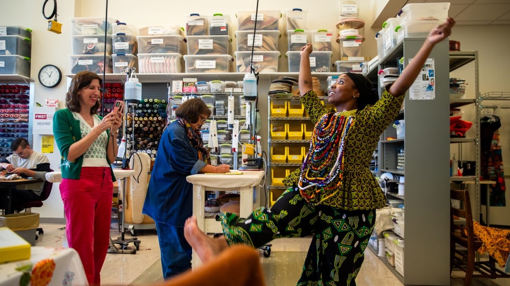 Costume shop manager Cindy Kubu takes notes while costume designer Jenny Kelchen takes a photo of a dancer at the University of Iowa Hancher Auditorium costume shop located in Iowa City on Wednesday, Oct. 8, 2025. The costume shop created pieces for the University of Iowa annual Dance Gala.