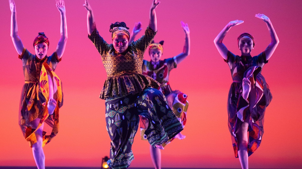 Trinity Woody, Garianna Clinton-Nelson, Cecelia Robinson, and Samantha Leverence perform "BECOMING!" at Dance Gala 2025.